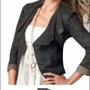 CAbi Women's Moto Jacket Size XS Black Coated Waxed Linen Cropped Style #901